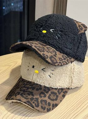 保暖新款拼色耳朵猫鸭舌帽小豹纹