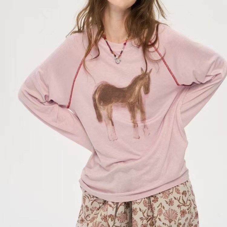 小马圆领 衣 手绘长袖装饰线插波尔宽松印花袖上肩,女装/女士精品,T恤,淘宝优惠券,粉丝福利购,淘宝优惠卷