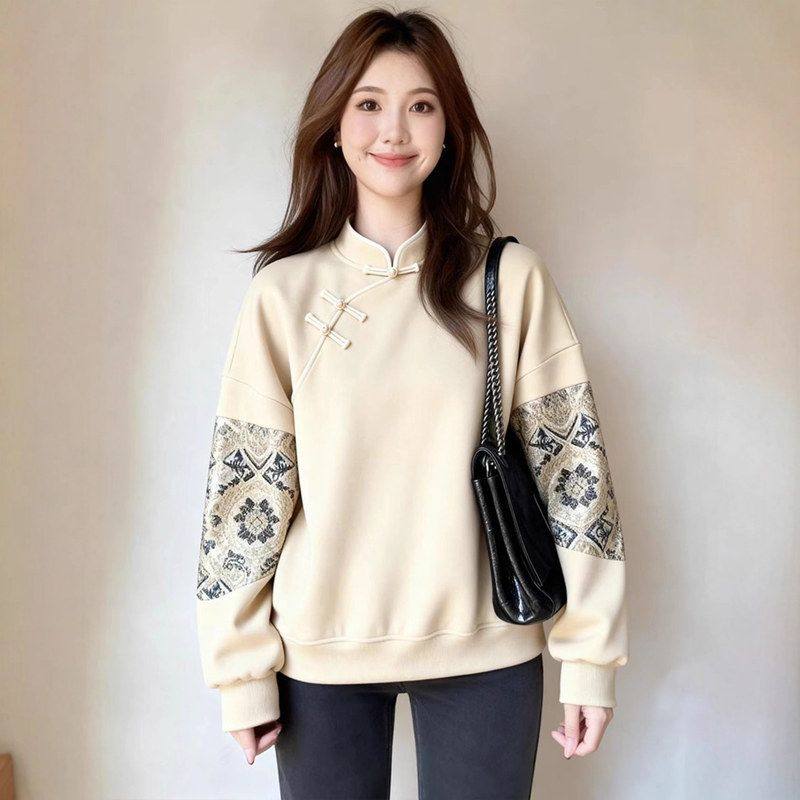 立领卫衣印花国风杏色上衣女拼接新中式秋季休闲漂亮慵懒独特宽松,女装/女士精品,卫衣/绒衫,淘宝优惠券,粉丝福利购,淘宝优惠卷