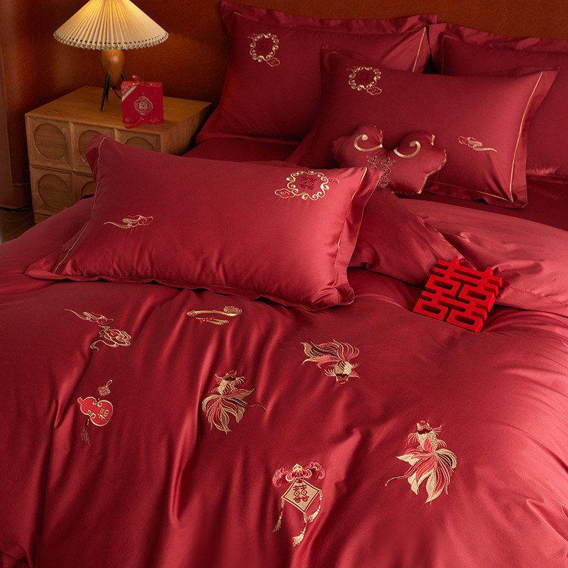 高端金鱼被套长绒棉红色四件套刺绣纯棉A类全棉轻奢浪漫结婚婚庆,床上用品,床品套件/四件套/多件套,淘宝优惠券,粉丝福利购,淘宝优惠卷