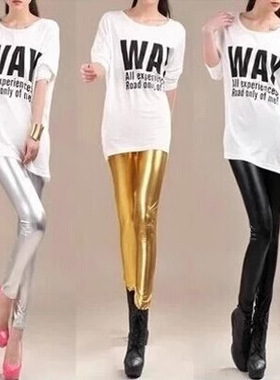 women's spring gold silver shiny leather nine point legging