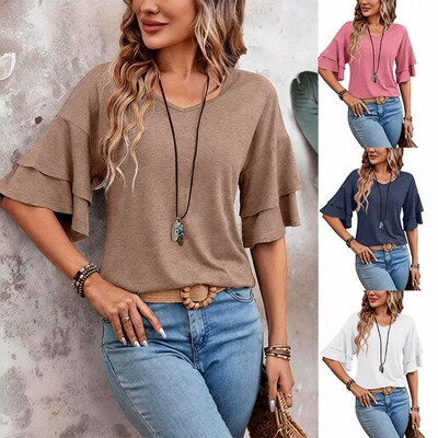 Summer V-Leader loose T-shirt short sleeved women's 2024