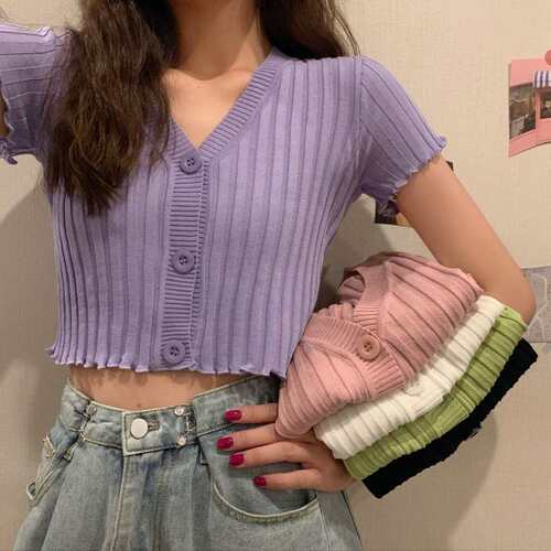 Retro girls slim fit base short sleeved knitted cardigan top