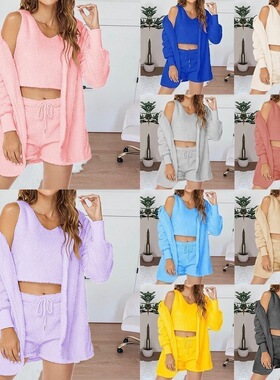 3pcs Women's plush casual jacket vest shorts sports suit set