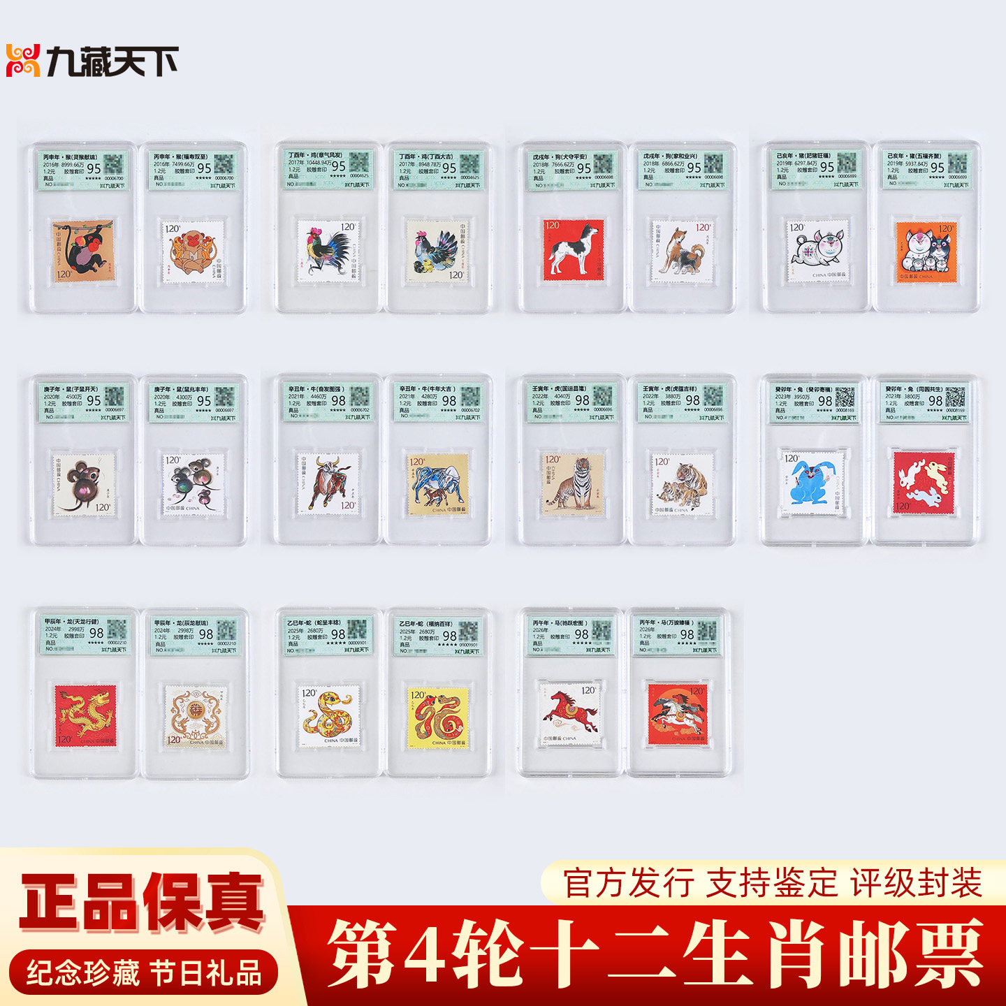 2016年到2026年四轮十二生肖方形邮票全新正品每套2枚评级封装
