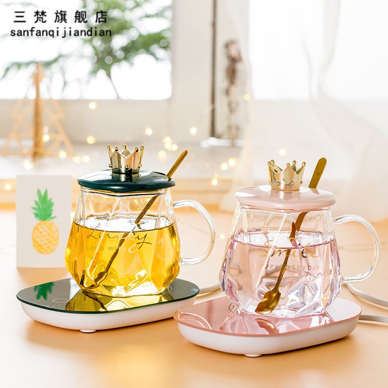 三梵55度恒温耐热杯子马克杯带把玻璃水杯暖暖杯办公室茶杯带盖子