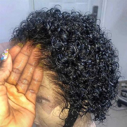 Short Curly Human Hair Wigs Pixie Cut Lace Wigs 13*1小精灵