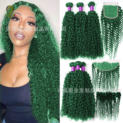 green curly kinky绿色手织发块Closure Human Hair Bundles发帘