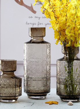 复古装饰咖啡色调创意玻璃花瓶摆件透明水培容器客厅插花