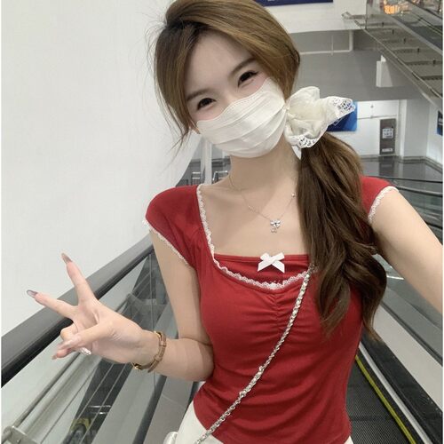 JBBCN/吉宝宝纯欲甜辣风蝴蝶结短t恤女蕾丝花边修身假两件短上衣