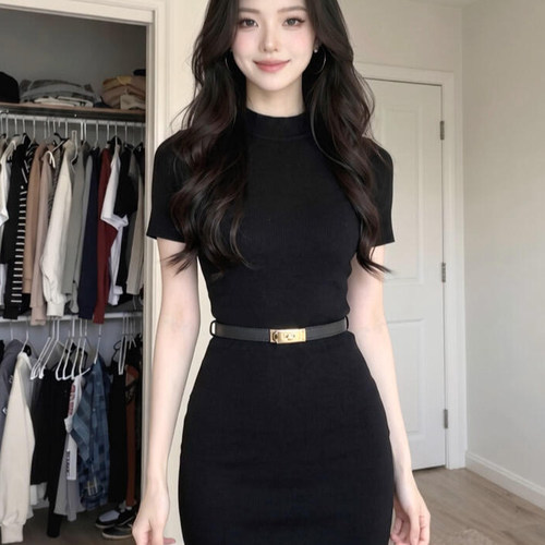 JBBCN/吉宝宝2026黑色短袖连衣裙女夏季御姐风修身包臀裙气质短裙