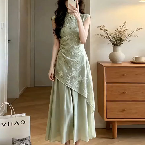 JBBCN/吉宝宝绝美新中式绿色旗袍连衣裙女夏季2026新款气质长裙