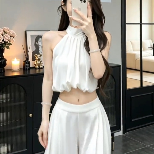 JBBCN/吉宝宝纯欲辣妹白色挂脖上衣休闲裤子女夏季淡人穿搭一整套