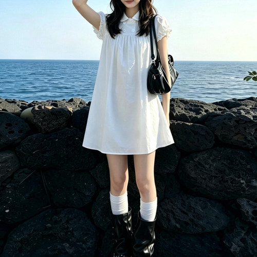 JBBCN/吉宝宝夏日绝美白色娃娃领连衣裙女夏季2026新款清纯小白裙