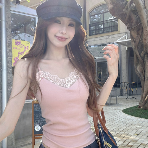 JBBCN/吉宝宝miu系藕粉蕾丝v领吊带背心女夏季bm修身外穿内搭无袖