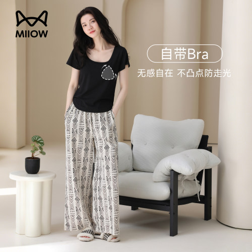 猫人纯棉女士夏季短袖带胸垫睡衣女款2026新款可外穿家居服套装ZS