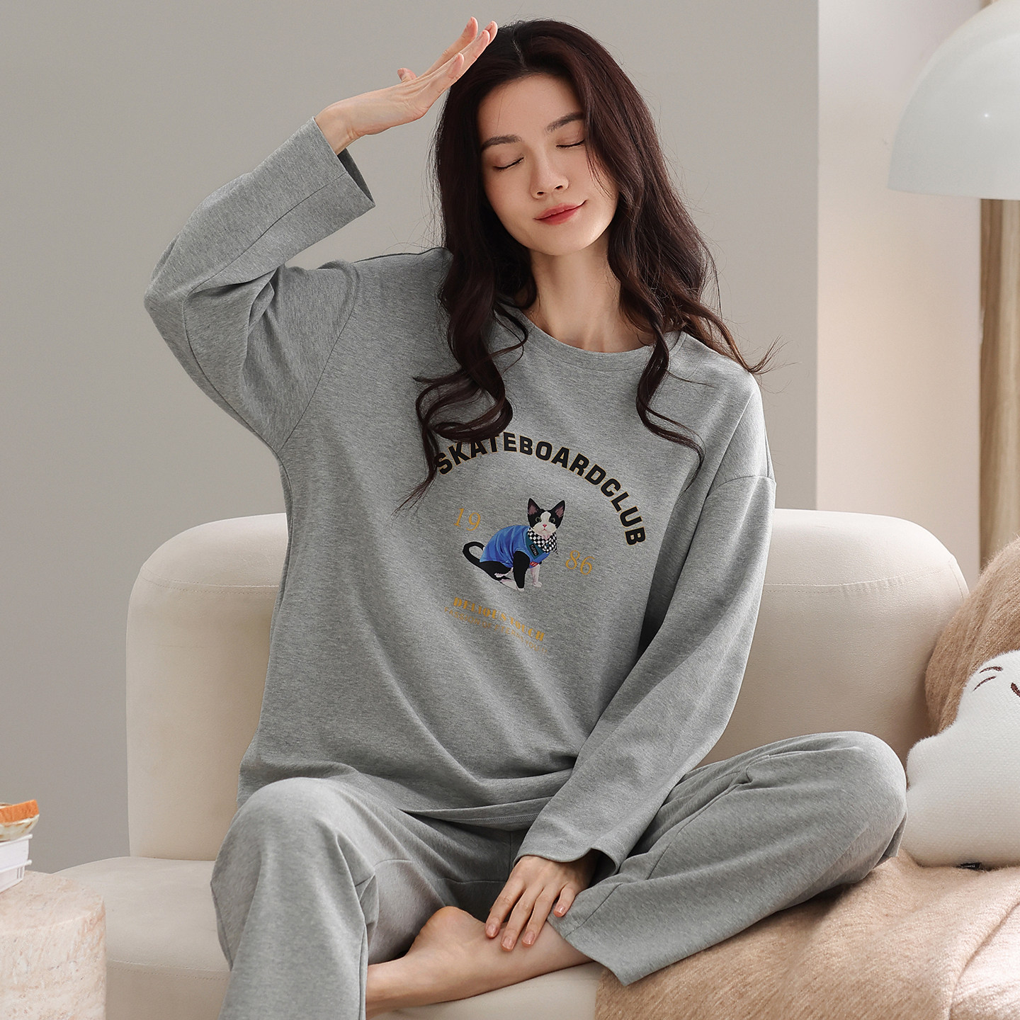 thumbnail for Cat Man Autumn New Women's Pajamas Long Sleeve Cotton 100 Foreign Sweet Cute Home Set Loungewear XY