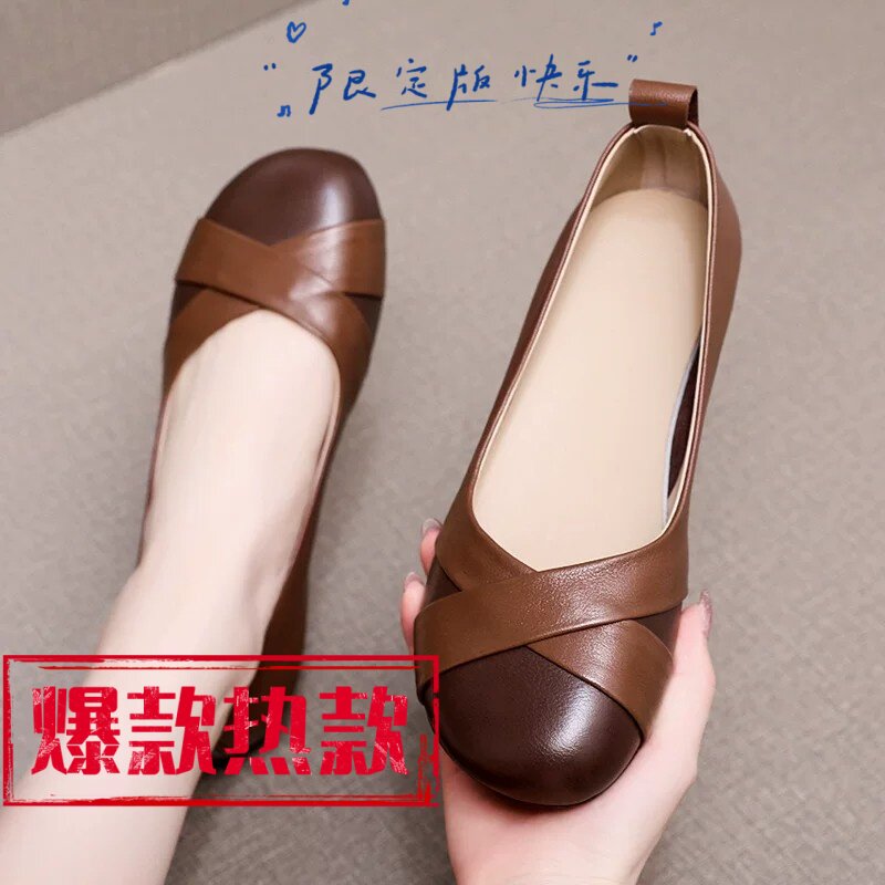 皇家百丽诗软底防滑耐磨牛筋底女鞋真皮大码一脚蹬小皮鞋女妈妈鞋