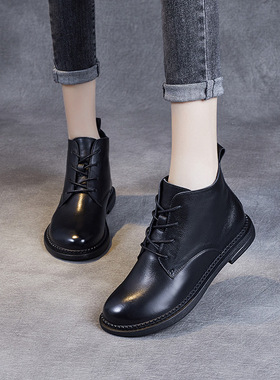 皇家百丽诗官方旗舰店品牌女鞋真皮短靴2024秋平底单鞋圆头小皮鞋