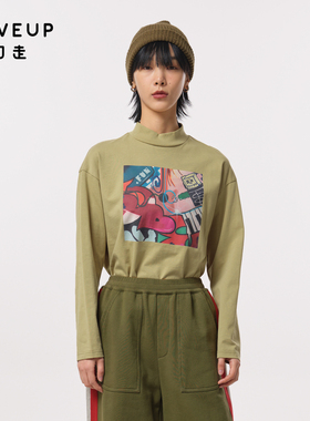 MOVEUP幻走2023秋季新款.FUN系列 小高领印花设计师柔软短款T恤女