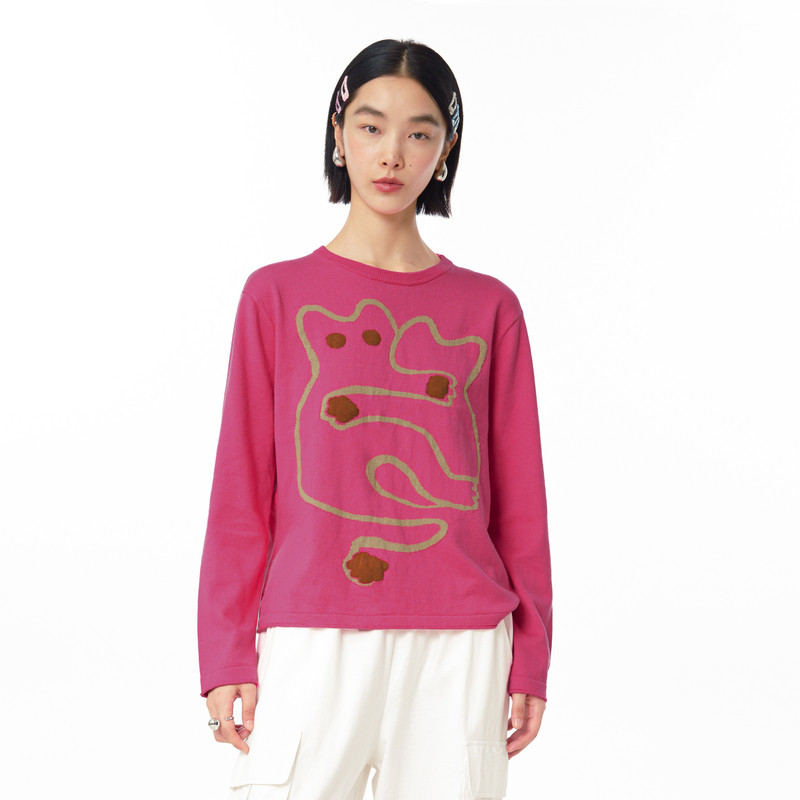 【商场同款】MOVEUP幻走2025春季新款撞色猫咪提花设计短款毛衣女