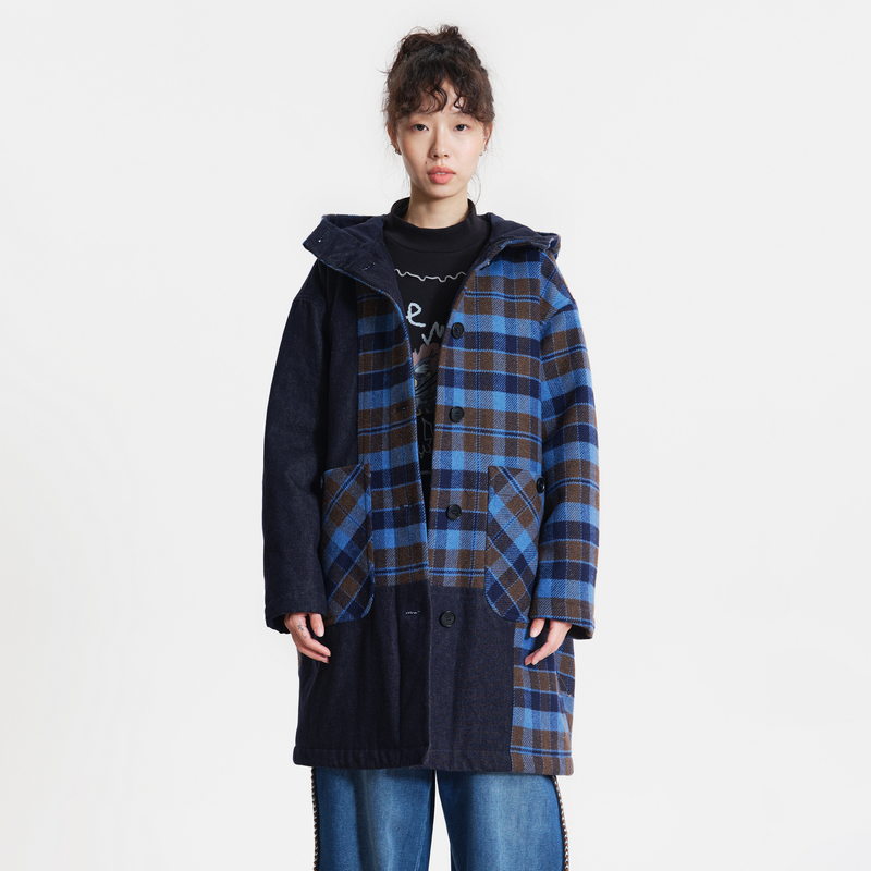 连帽、格纹提花、口袋