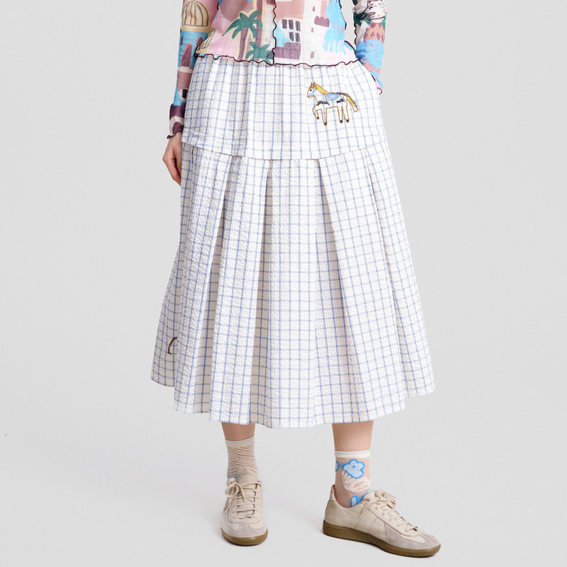 MOVEUP幻走2026春季新款.FUN系列松紧腰趣味绣花格子过膝半身裙,女装/女士精品,半身裙,淘宝优惠券,粉丝福利购,淘宝优惠卷