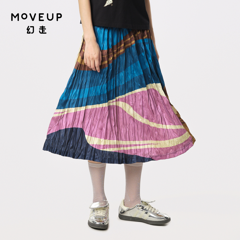 MOVEUP幻走2024夏季新款.FUN系列印花撞布拼接设计师松紧腰半身裙