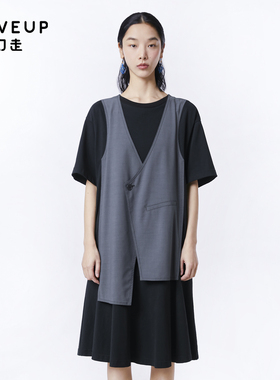 MOVEUP幻走2024春夏纯棉拼接短袖宽松休闲黑色假两件针织连衣裙女