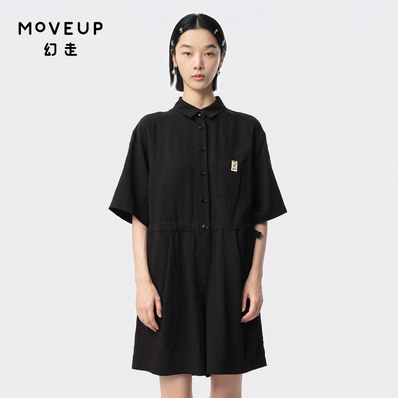 MOVEUP幻走2024夏季新款.FUN系列翻领黑色织唛腰带设计师连体裤女