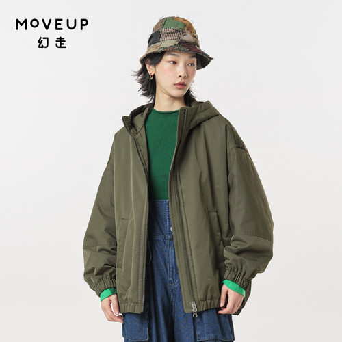 Moveup中长款设计师连帽棉外套
