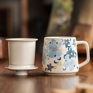 复古百合花陶瓷家用马克杯茶水分离办公个人专用女士泡茶水杯定制