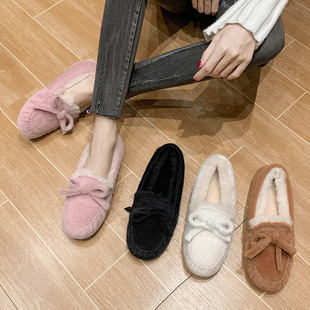 AΖUGGОNE皮毛一体豆豆鞋女冬加绒2025冬新款真皮厚底貂毛防滑鞋