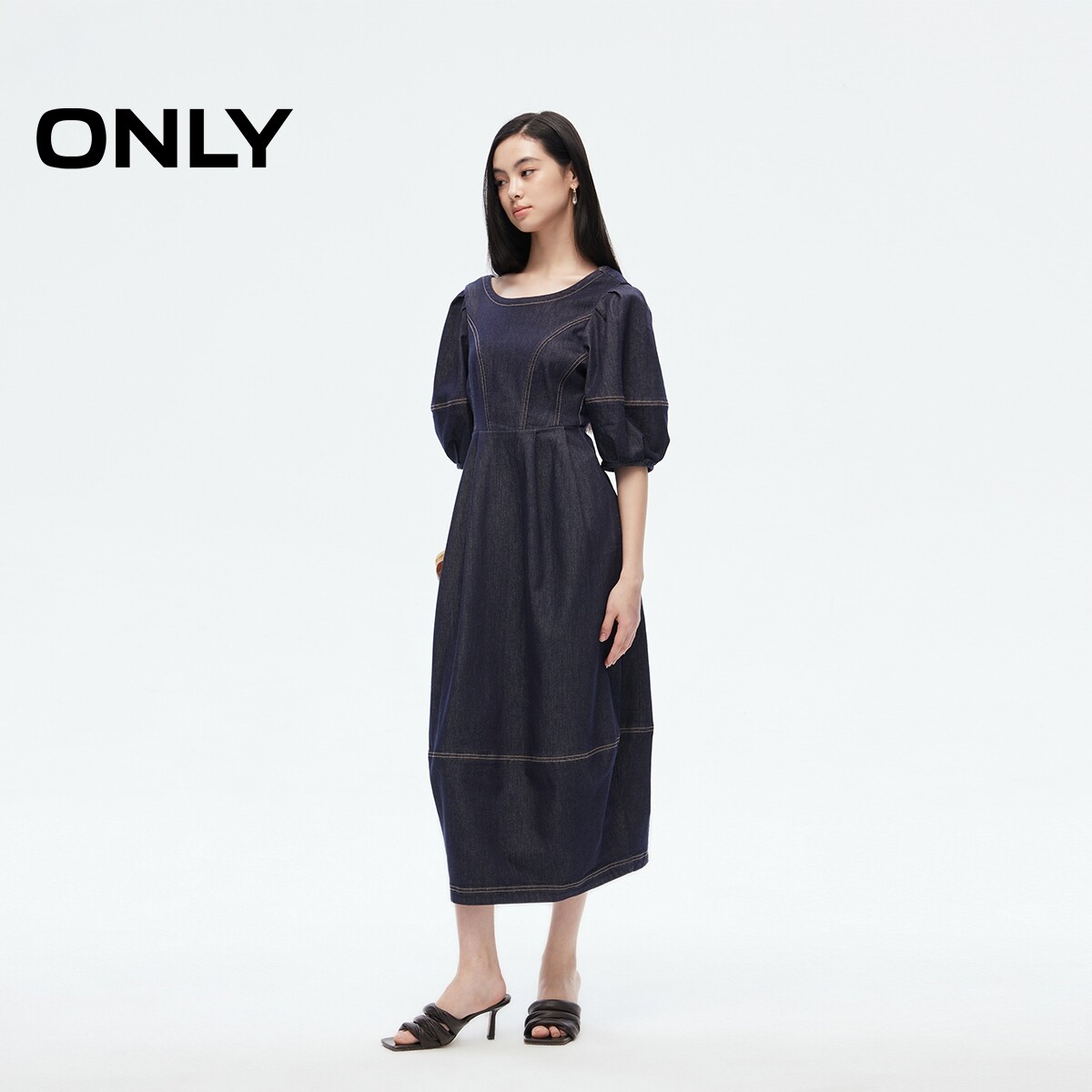 【ONLY奥莱】春夏新款休闲简约设计中长款牛仔连衣裙女
