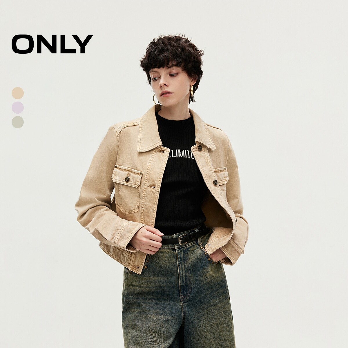 【ONLY奥莱】春夏新款纯棉时尚复古做旧正肩翻领外套女