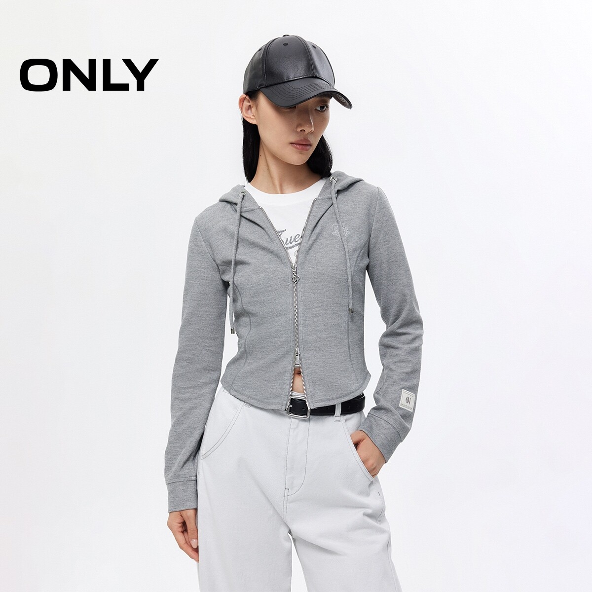 【ONLY奥莱】春夏运动休闲连帽双向拉链贴布字母长袖开衫卫衣女