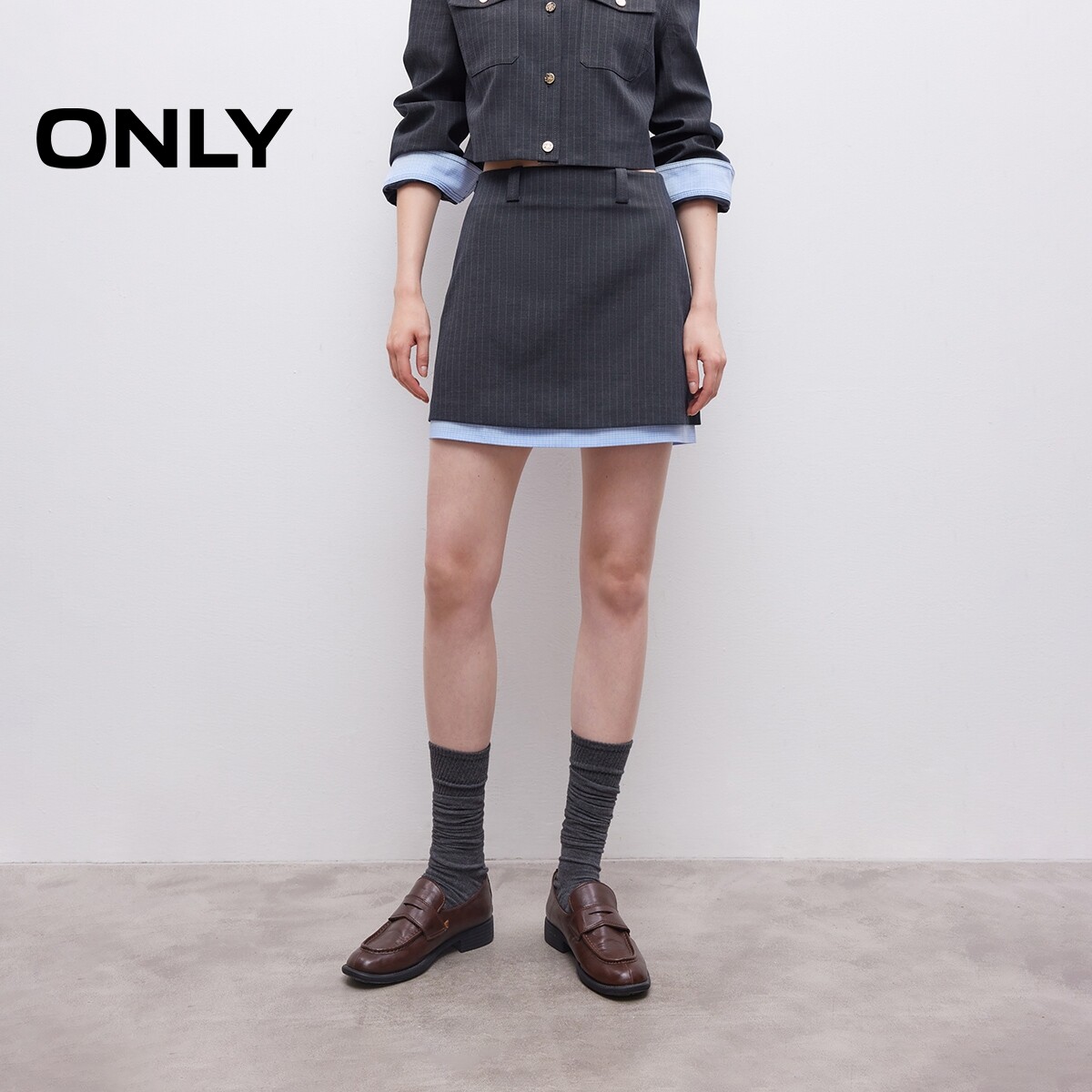 ONLY撞色裙边A字包臀短裙半身裙