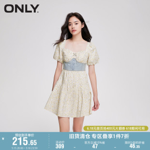 甜美泡泡袖 ONLY奥莱夏季 时尚 碎花连衣 新款 方领短款