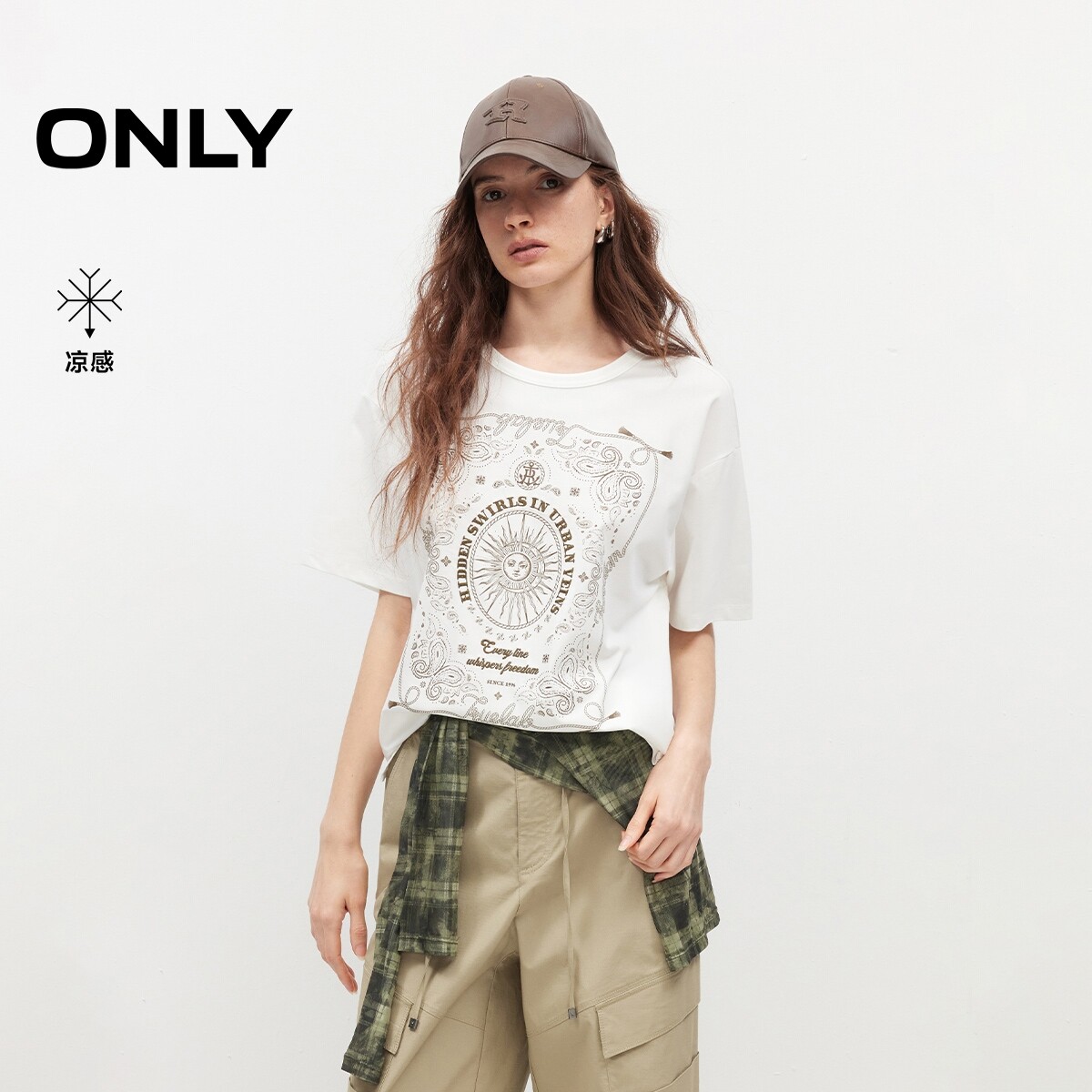 ONLY2026夏季新款复古质感刺绣印花太阳图案宽松遮肉圆领T恤女