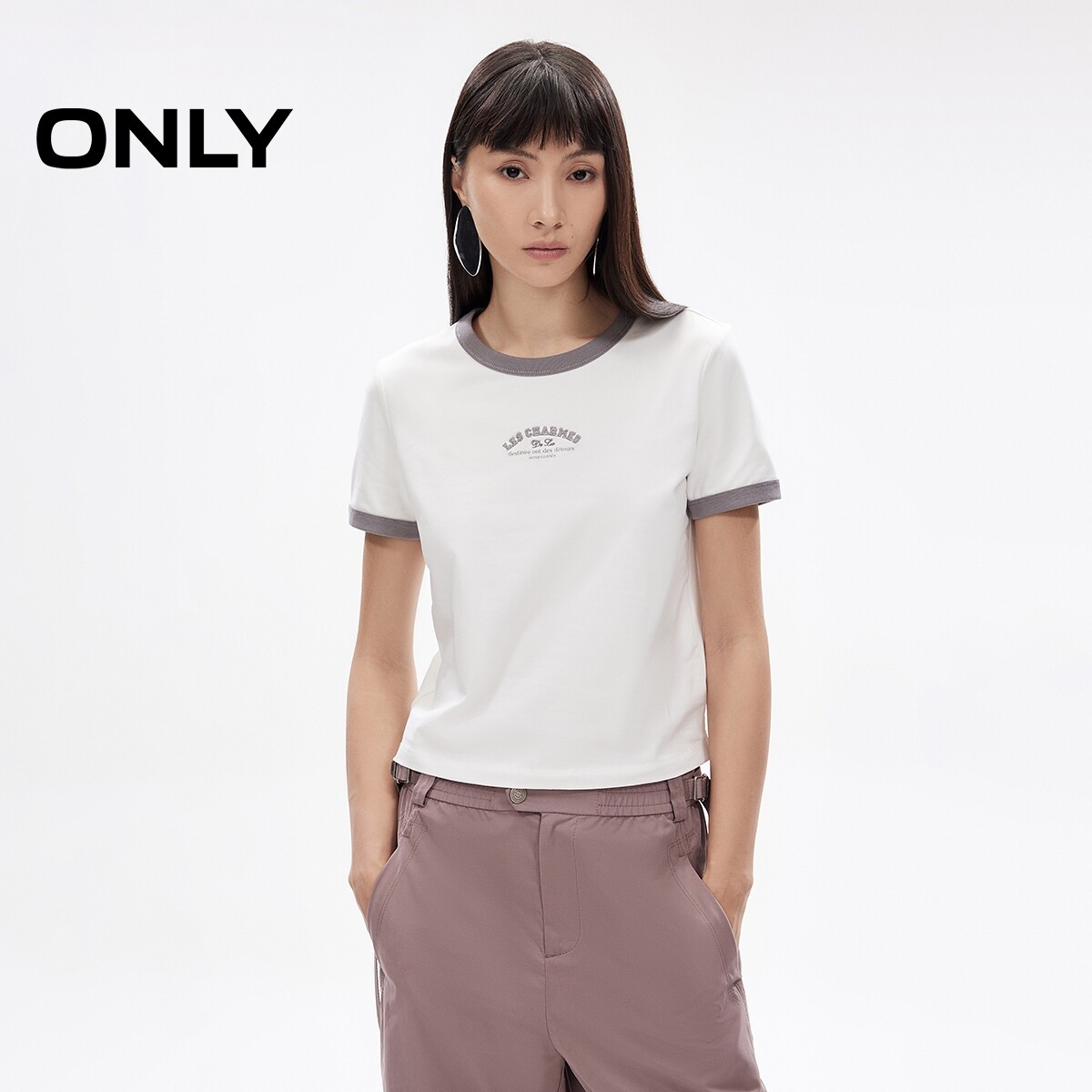 ONLY撞色设计字母正肩圆领T恤
