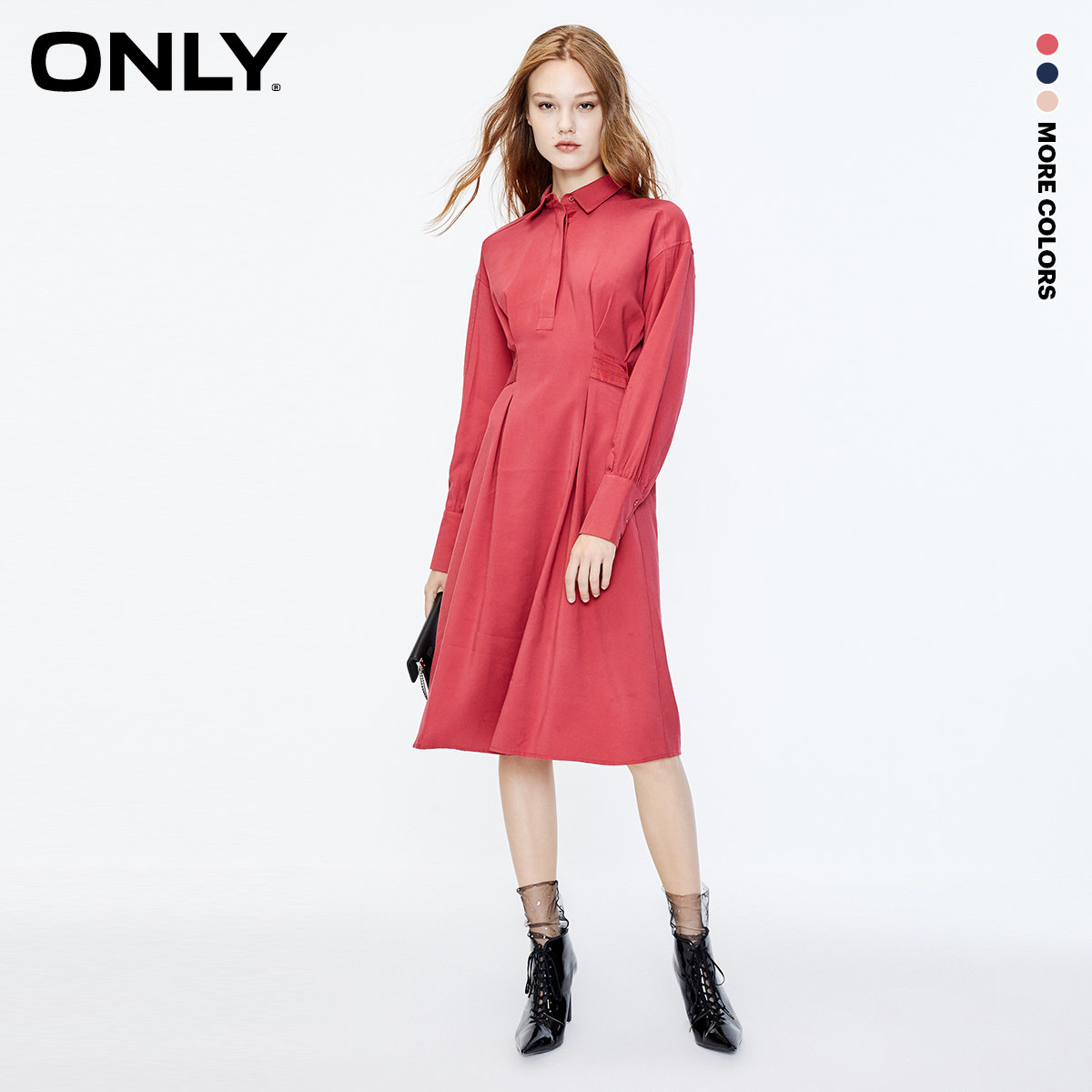 ONLY奥莱秋季新款通勤收腰显瘦中长款衬衫连衣裙女|119307552