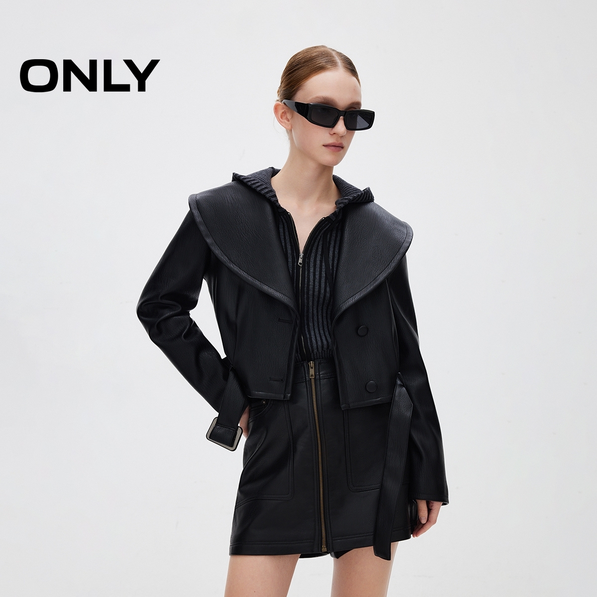ONLY海军领显瘦PU短款夹克外套
