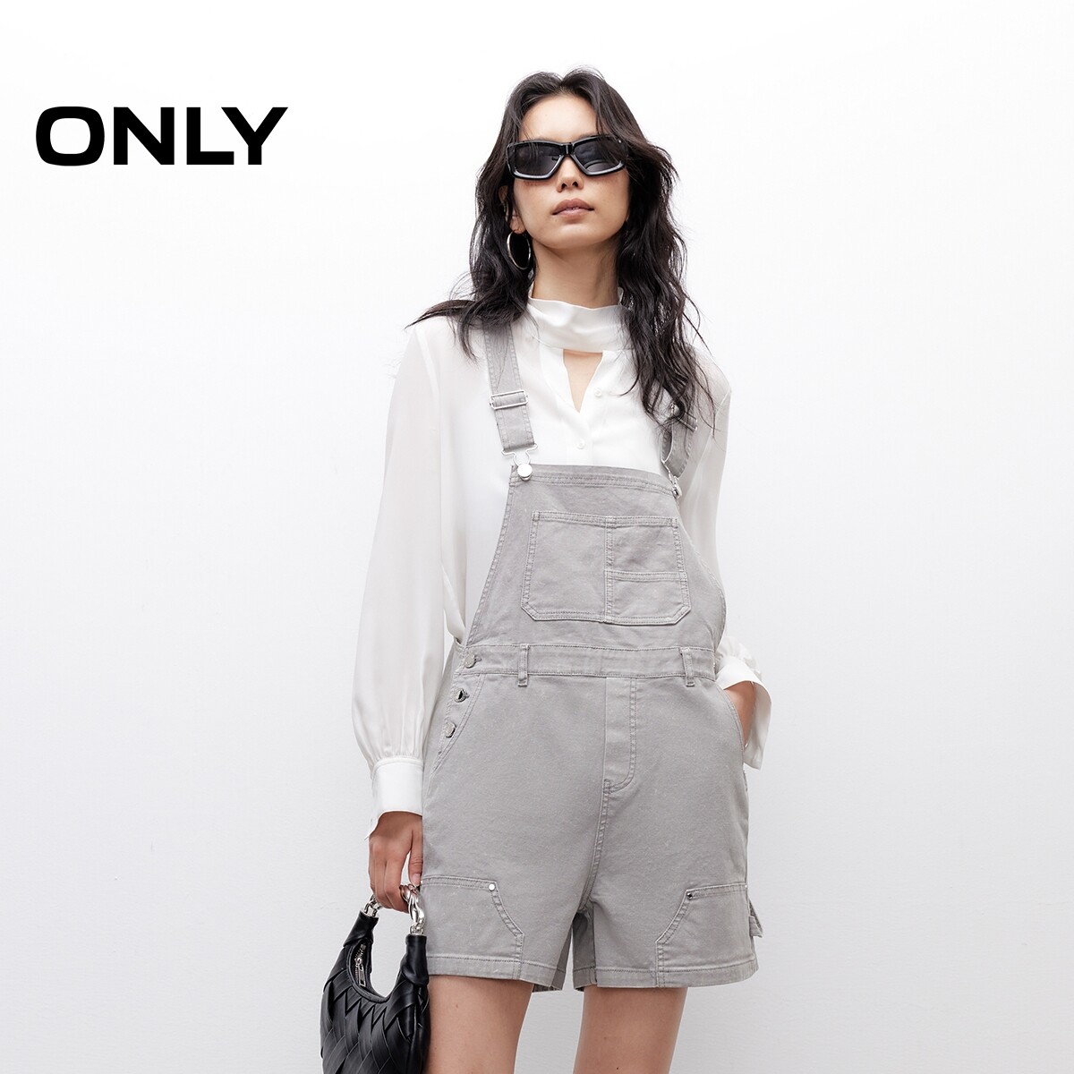 【ONLY奥莱】夏季可调节定制肩带个性做旧水洗背带裤短裤休闲裤女