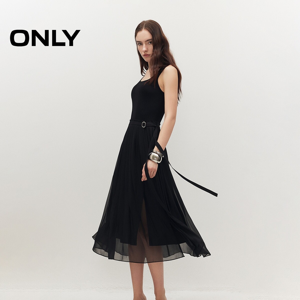 ONLY风琴褶收腰假两件拼接连衣裙