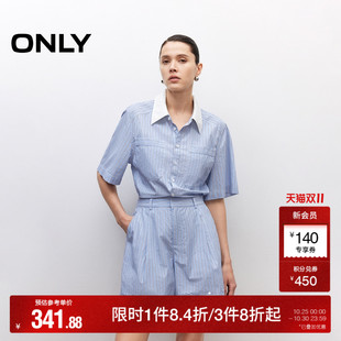新款 休闲裤 撞色条纹设计连体翻领短袖 型短裤 女 正肩版 ONLY2025夏季