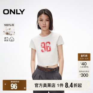 数字印花纯棉正肩圆领箱型短款 新款 春季 T恤女 ONLY奥莱