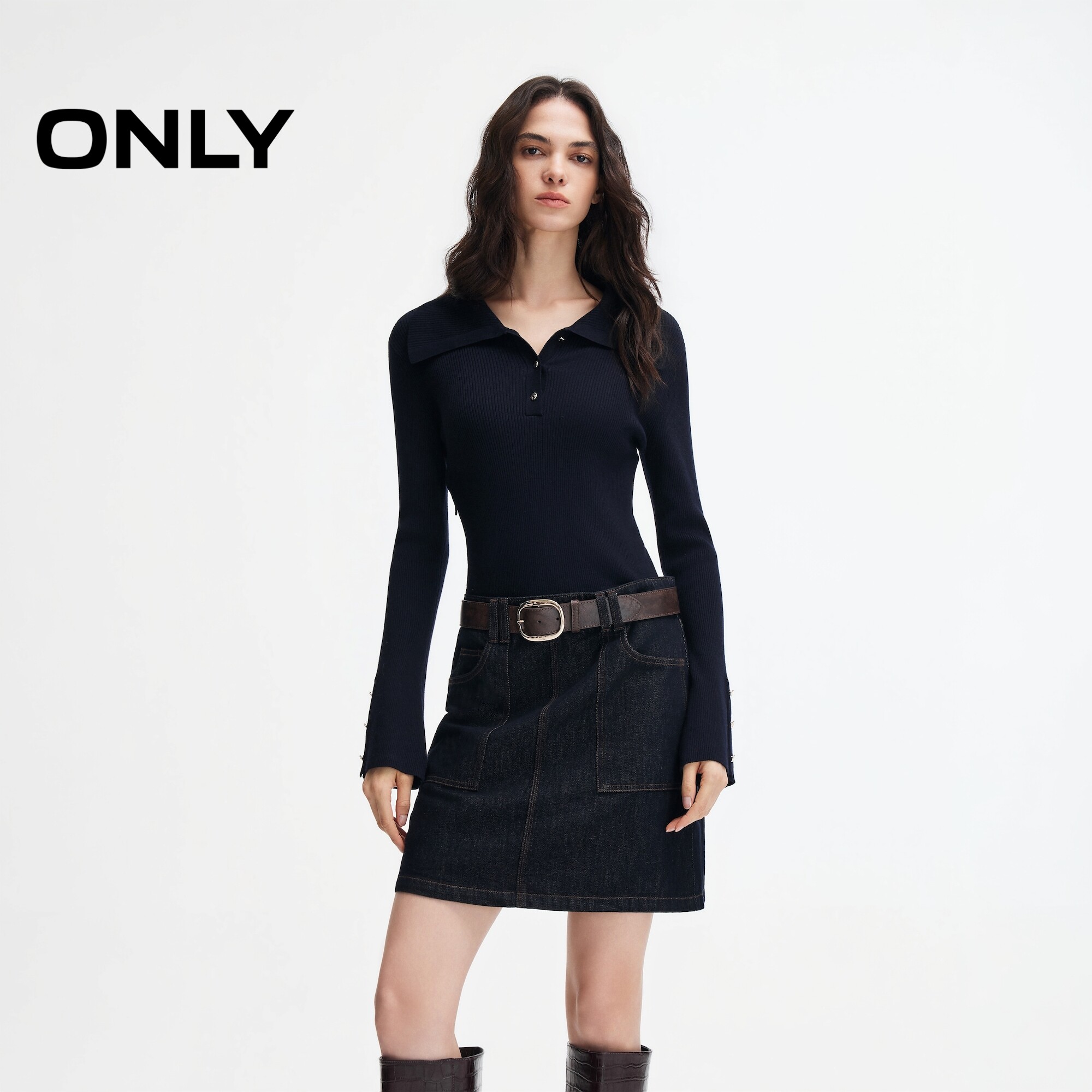 ONLY针织牛仔假两件修身款连衣裙