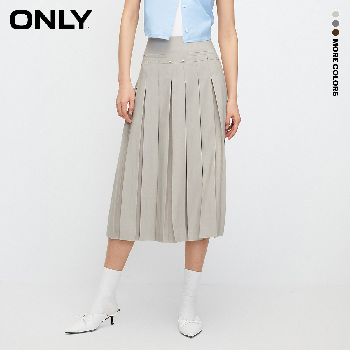 【ONLY奥莱清仓】秋季新款复古学院风中长款百褶裙半身裙女