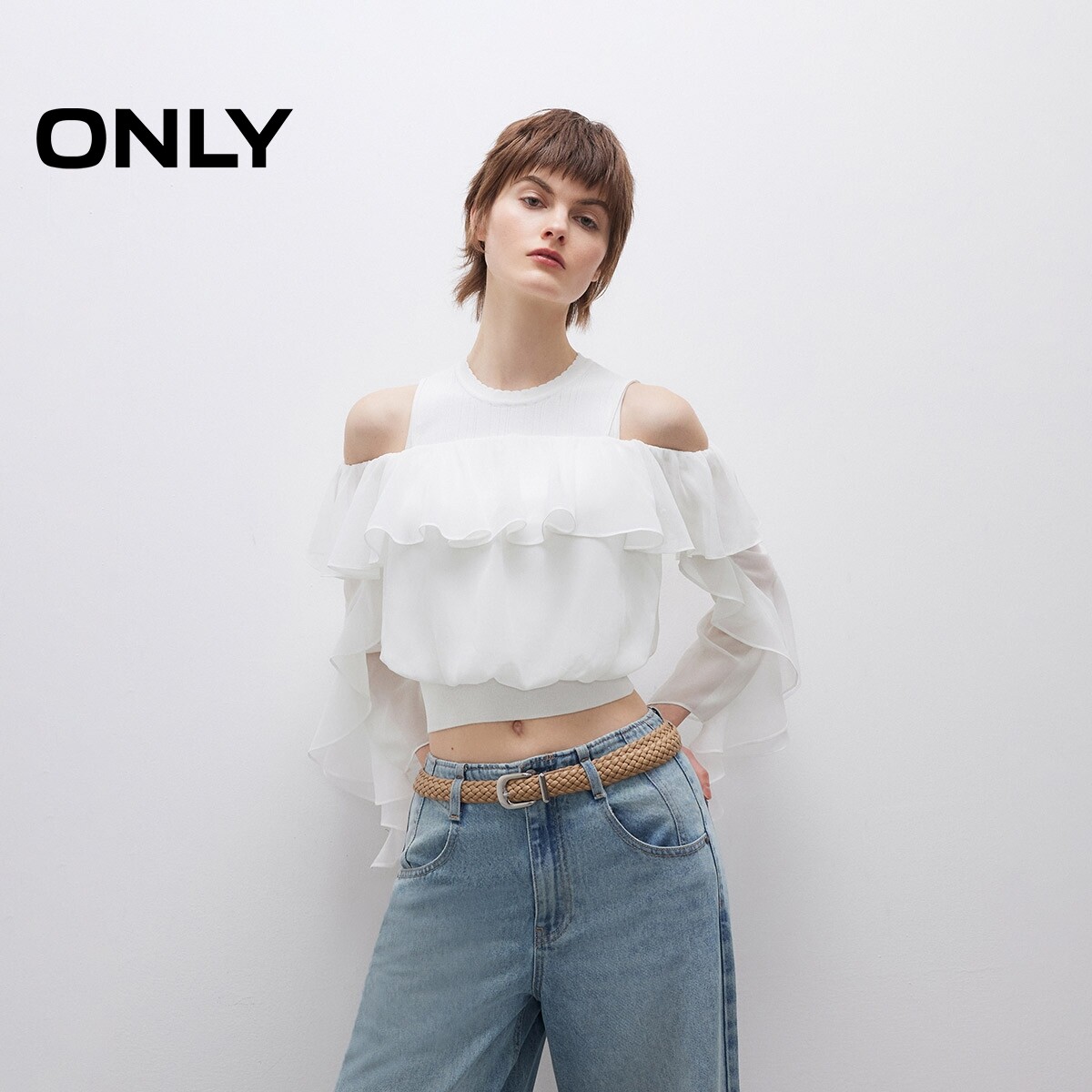 【ONLY奥莱】春夏款甜美简约无袖针织背心荷叶边套装短款蕾丝衫女