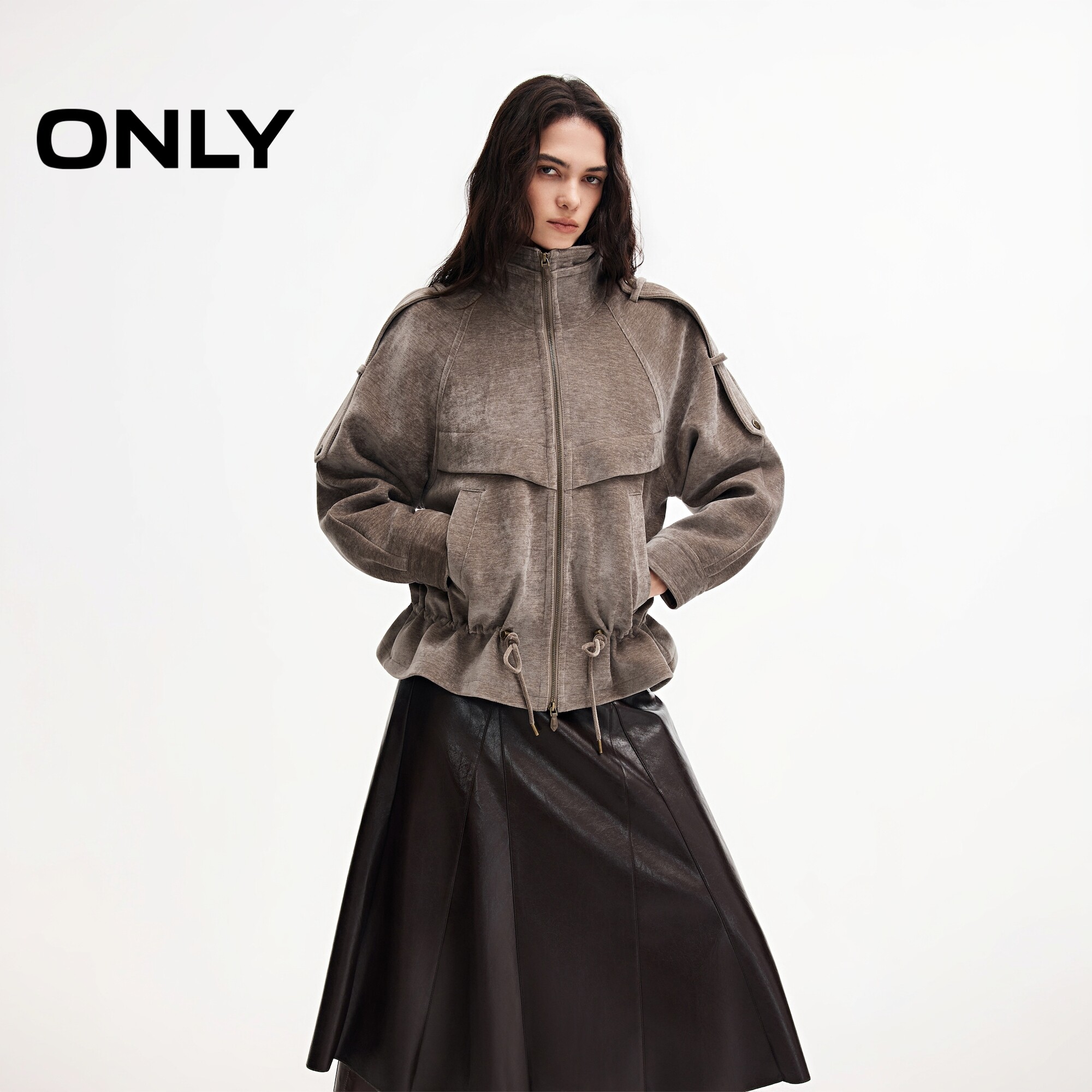 ONLY立领腰间抽绳宽松棉服外套女
